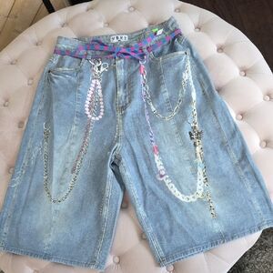 Women's Denim Shorts with Pearl, Chain, and Pink Print Accents Sz L